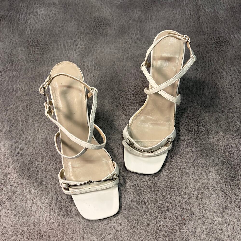 White Block Strappy Ankle Buckle Heels